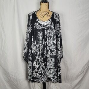 ROAMAN'S Size 42W Rhinestone Embellished B&W Floral Chiffon Blouse Office Work